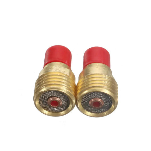 Gas Lens Collet Body Kit For TIG Welding Torches 3/32in 2.4mm, 10pc Consumables Set, gold and red components, close-up view