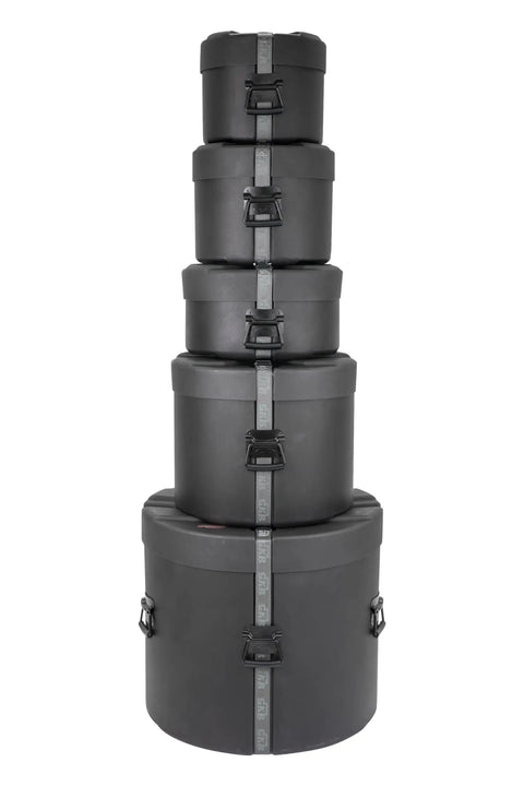 Complete 5 Piece Nested Instrument Case Bundle Featuring Hardcore Foam Cushioning And Dependable Stacking Build, black drum cases stacked.
