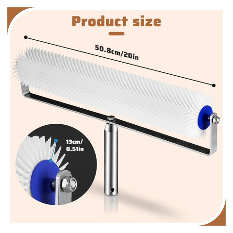 Close-up of 20-inch Spiked Screeding Roller for Epoxy Flooring showing PE-teeth and handle for bubble removal in pro-grade projects.