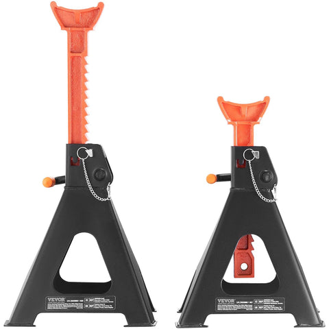 Front view of two red VEVOR 6-ton jack stands with black bases; adjustable serrated posts, 2-pack