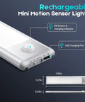 Wireless Under Cabinet Lights With Motion Sensor, Rechargeable Indoor LED Lighting showing dimensions and USB charging port
