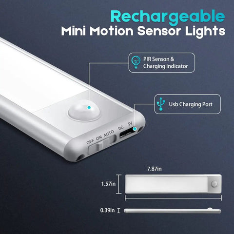 Wireless Under Cabinet Lights With Motion Sensor, Rechargeable Indoor LED Lighting showing dimensions and USB charging port