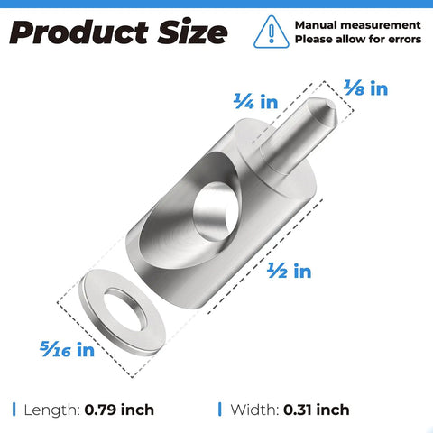 Close-up of Two Pack Shower Door Pivot Hinge Pin Kit With 5/16 Inch Washers, stainless steel with size measurements for upgrade.