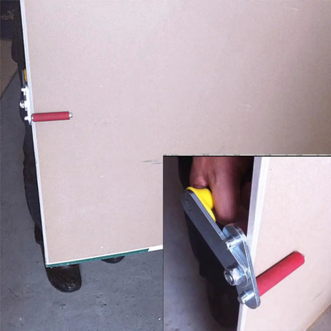 Heavy Duty Gypsum Board Lifter Tool With Adjustable Alloy Grip For Quick, Safe Plasterboard Transport, user adjusting grip on drywall