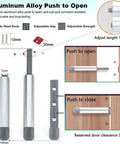 Diagram of Push To Open Cabinet Latches 16 Pack Magnetic Door Release Hardware installation, showing adjustable length and screws.
