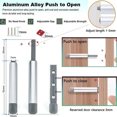 Diagram of Push To Open Cabinet Latches 16 Pack Magnetic Door Release Hardware installation, showing adjustable length and screws.
