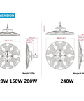 Dimensions of 120W, 150W, 200W, and 240W LED UFO high bay light showing measurements and weights for easy installation.