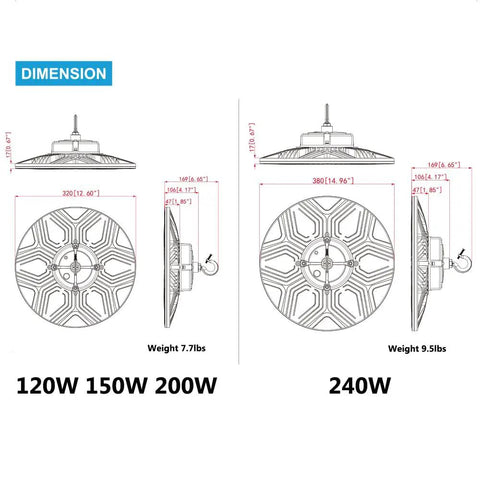 Dimensions of 120W, 150W, 200W, and 240W LED UFO high bay light showing measurements and weights for easy installation.