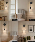 Cordless Battery Operated Wall Sconces Set Of 2 With Remote Control in hallway, bedroom, and living room settings