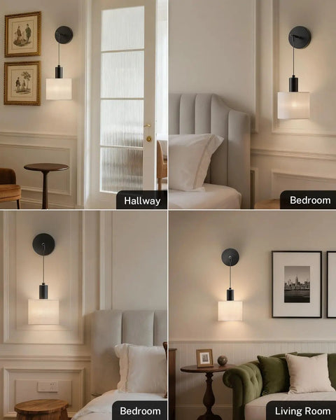 Cordless Battery Operated Wall Sconces Set Of 2 With Remote Control in hallway, bedroom, and living room settings