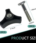 Two Pack Lawn Mower Handle Knobs and Nuts Bolt Kit showing triangular handle and stainless steel screw dimensions