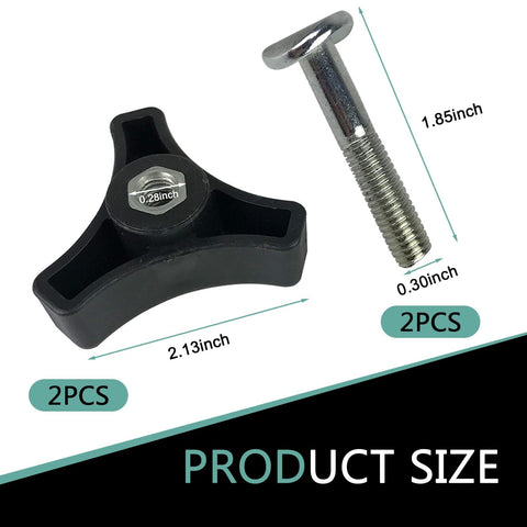 Two Pack Lawn Mower Handle Knobs and Nuts Bolt Kit showing triangular handle and stainless steel screw dimensions