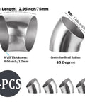 Four Pack 2.5 Inch 45 Degree Exhaust Elbow Pipe Slick 304 Stainless Steel Heavy Duty Mandrel Bend Tailpiece with wall thickness measurements.