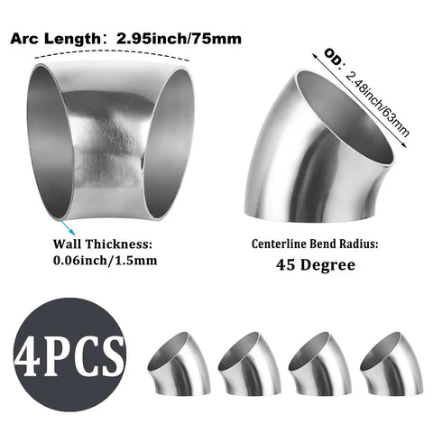 Four Pack 2.5 Inch 45 Degree Exhaust Elbow Pipe Slick 304 Stainless Steel Heavy Duty Mandrel Bend Tailpiece with wall thickness measurements.