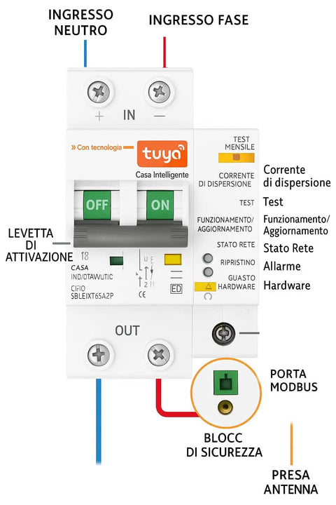 WiFi Circuit Breaker 2 Pin 16A With Tuya Smart Remote Control For Control Cabinets in detailed view showing connections and controls.
