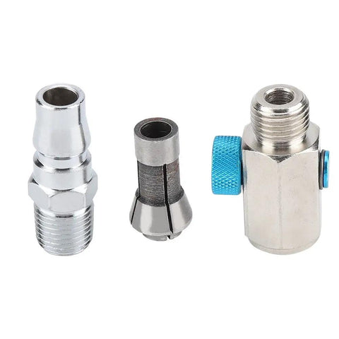 Badass Air Die Grinder Kit With 25000 RPM Speed And Quick Chuck Design Includes Lock Off Throttle Plus Extra Grinding Heads For Nitty Gritty Metalwork And Garage Projects, featuring air connector and quick change chuck.