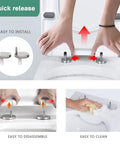 Hands demonstrating Quick Release feature on Durable White Square Toilet Seat Featuring Smooth Soft Close Lid And Quick Release Mounts Built From Chip Resistant Polypropylene For Quiet Drops And Easy Peasy Bathroom Cleanups.