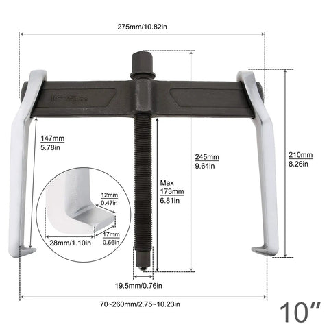 Diagram of Two Jaw Gear Puller Adjustable Bearing Puller For External And Internal Removal CRV Steel Construction with measurements