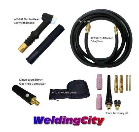 200 Amp WP-26F Air Cooled TIG Welding Torch With Flexible Head Pro Grade Complete Package, 25 Ft Power Cable Hose, kit components