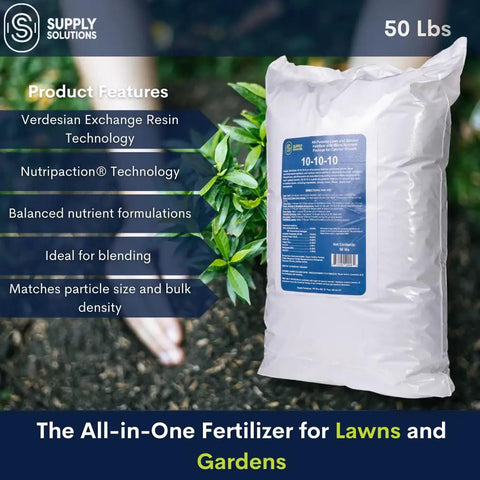 Bag of 10-10-10 Lawn And Garden Granular Fertilizer With Micronutrients For Soil Health, Blooms And Roots, Safe For Veggies, 50 pound bag.