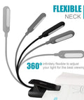 VAVOFO rechargeable clip-on reading light in black with 7 LEDs and a flexible 360° neck attached to a book.
