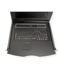 Slick Heavy Duty Rack Mount KVM Switch With Eight Port VGA USB Console Featuring A Bright Seventeen Inch TFT Monitor and full size keyboard with built-in touchpad.
