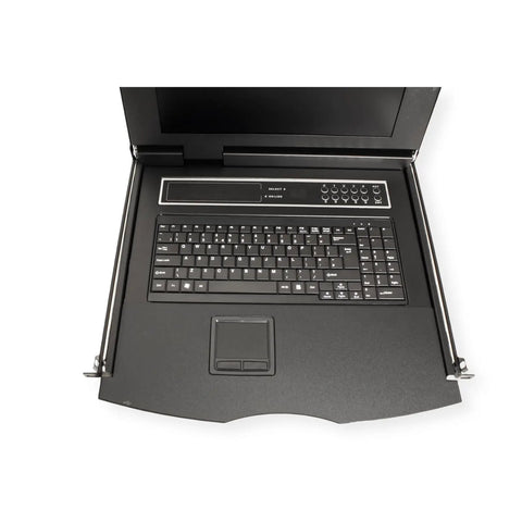 Slick Heavy Duty Rack Mount KVM Switch With Eight Port VGA USB Console Featuring A Bright Seventeen Inch TFT Monitor and full size keyboard with built-in touchpad.