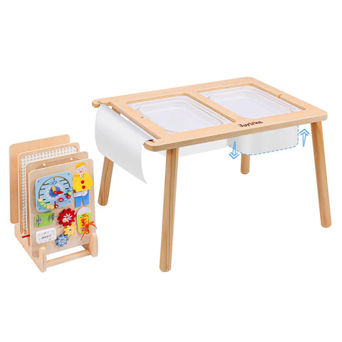 Wooden Sensory Table for toddlers 1 to 3 with two large storage bins, four Montessori activity boards, and a paper roll.