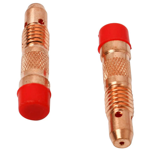 Copper collets with red caps from 58 Piece TIG Welding Torch Kit With Collets, Alumina Nozzles, Gas Lens, And Consumables For WP-17, WP-18, WP-26 Series Welding Torches, Pro-Grade Parts For Quick Replacements And Smooth, Precise Welds.