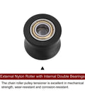 Beefy 10mm Nylon Chain Roller Pulley Tensioner With Concave Guide Wheel Slider For Mini Motorcycle Dirt Bike And Atv Go Kart In Durable Black Finish, showing internal double bearings.