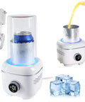 On Point Desktop Drink Chiller And Warmer With Heavy Duty Aluminum Mug and Cool Vibe Mood Light Rapid Beverage Heater for Iced Coffee Cold Juice Cola and Beer, features a can inside with cooling light.