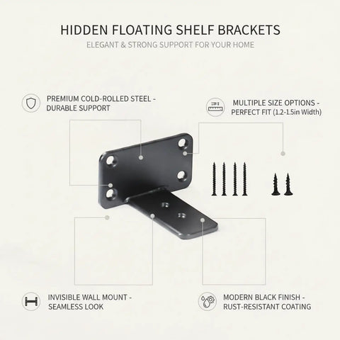 Diagram showing Hidden Shelf Brackets For Floating Shelves Black Cold Rolled Steel Support For 1.2 To 1.5 Inch Boards with screws