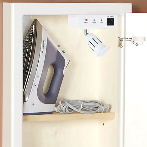 Cabinet Light And Power Kit With 3 Prong Outlet And LED Spotlight Auto Off Timer for ironing board storage.