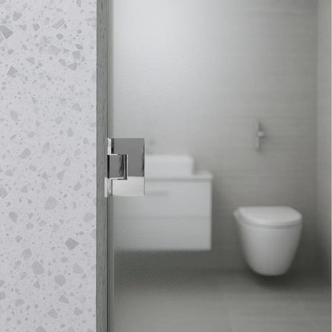 Heavy Duty Glass Shower Door Hinge With Full Back Plate Polished Chrome Finish For Half Inch Tempered Glass Frameless Doors installed on wall.