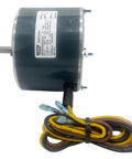 Straight Up 1/4 HP AC Condenser Fan Motor 208-230V 1100 RPM side view with attached power wires and label.