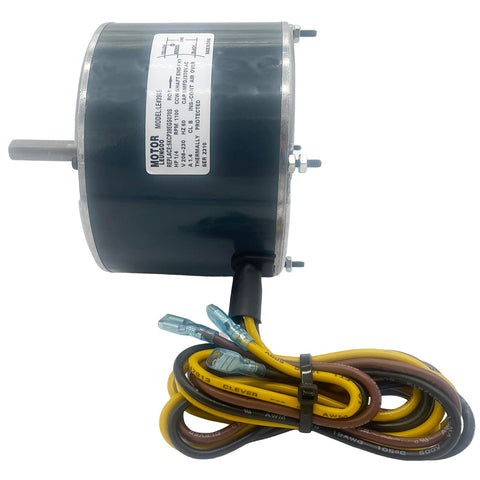 Straight Up 1/4 HP AC Condenser Fan Motor 208-230V 1100 RPM side view with attached power wires and label.
