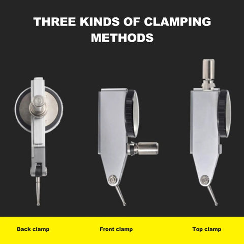 Three clamping methods for Workhorse Precision Dial Test Indicator With Flexible Arm And Rock Solid Magnetic Base For CNC Setup.