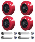 Heavy Duty Polyurethane Caster Wheel 5 Inch By 2 Inch Replacement Set Of 4 Non Marking Tread On Polyolefin Core With Roller Bearing 800 Lbs Per Wheel Industrial Rated Total Capacity 3200 Lbs shown with bolts and nuts.