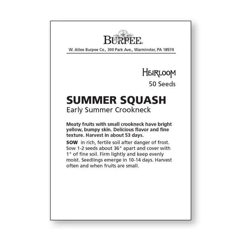 Heirloom Early Summer Crookneck Yellow Squash Seeds 50 Count For Home Gardeners, 53 Days To Harvest seed packet