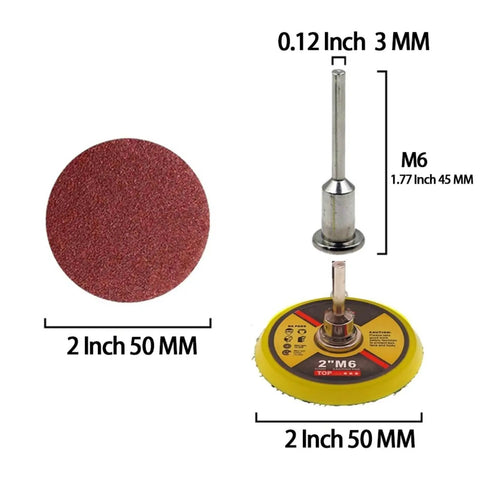 Top Notch 2 Inch Red Sanding Discs Pad Kit With Up To 102 Pieces, showing 2 inch red sanding disc and attachment.