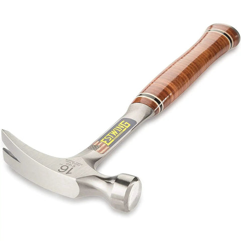 Sixteen Ounce USA Made Straight Rip Claw Hammer With Smooth Face And Genuine Leather Grip on white background