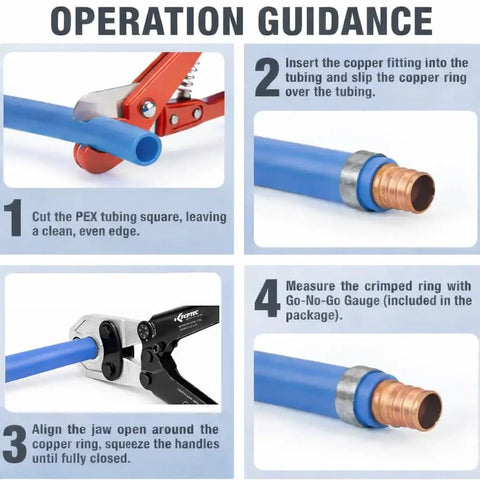 Operation steps for using PEX Crimping Tool Kit For One Half And Three Quarter Inch PEX B Pipe With Copper Crimp Rings