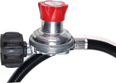 Adjustable 0 To 20 PSI Propane Regulator With Five Foot Hose For QCC1 Type1 Tanks Fits LP Gas Grills Turkey Fryers Patio Heaters And Other Outdoor Appliances Safety Certified, close-up view.