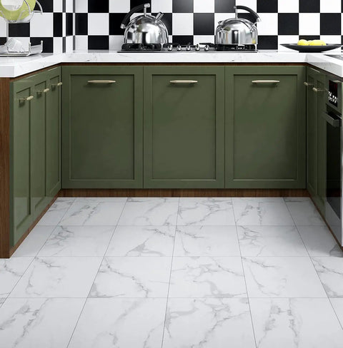 Kitchen with green cabinets and white vinyl peel and stick floor tiles 12x12 inch 16 pack waterproof groutable removable floor tiles.