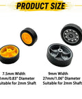 40 Piece Toy Wheel Set With 20 Metal Shafts For DIY Model Cars Trucks Robots And Helicopters Rubber Wheels In 21mm And 27mm Diameters With 2mm Shaft Hole And 100mm Axles Mix Color displaying wheel sizes and shaft compatibility.