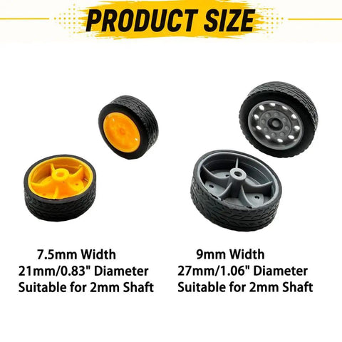 40 Piece Toy Wheel Set With 20 Metal Shafts For DIY Model Cars Trucks Robots And Helicopters Rubber Wheels In 21mm And 27mm Diameters With 2mm Shaft Hole And 100mm Axles Mix Color displaying wheel sizes and shaft compatibility.