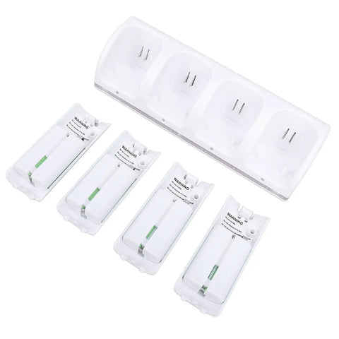 4 In 1 Remote Controller Charger Dock With 4x 2800mAh Batteries LED Display And 4.9ft USB Cable White ABS Build Charge Up To Four Controllers At Once For Gaming Consoles. Image shows white dock and four batteries.