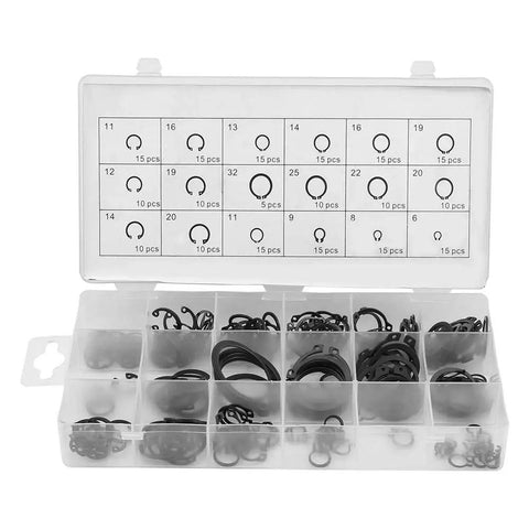 Check out this awesome 225 piece Snap Retaining Rings Set with Internal And External Circlips in 18 Sizes For Rotation showing organized plastic case.