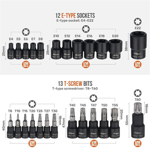 Top Tier Hjkltopu E Type Spline Socket Set With Hollow Hex Bits For Auto Repair 1/4 3/8 1/2 Inch Drive 25mm To 55mm Size Combo Kit Made Tough For Garage Work, black CR-V sockets and T-bits