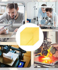 Collage of 3D printer uses with 15 Sheets High Temperature Polyimide Film Sticker Set 6.3 X 6.3 Inches 0.05 mm Thick Kapton Tape Gold